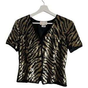CACHE vintage animal print Black and Gold Sequin slik Blouse size M